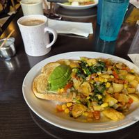 Vegan hash with coffee & soy milk at Lost Lake Cafe & Lounge in Seattle