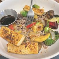 vegan vegetable rice bowl with added tofu at Blue Wing Frog in Strasburg