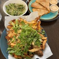Mac fries, side caesar and jen’s BBQ chickun quesadilla (with gar-parm sauce)  at The Hearty Hooligan in Hamilton