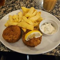 Vegan fishcakes and chips at Hetty and Betty in Whitby