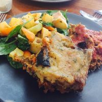 Eggplant moussaka & roast veg salad at Radhey Chai Bar in Fitzroy