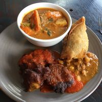 Curry, pakoras and samosa (all vegan) at Radhey Chai Bar in Fitzroy