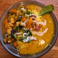 Not so hungry (2 curries, rice, salad) $9.80: the dahl was very tasty, the spicy tofu was unbearably SPICYYY, even after mixing with the sweet potato salad at Radhey Chai Bar in Fitzroy