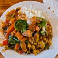 Chickpea curry (bit spicy, and builds), Sweet n sour veg (spicy and tangy), Sweet potato salad $9.80 at Radhey Chai Bar in Fitzroy