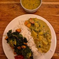 Thai green curry, Dahl, Sweet potato salad: tastes good, and amazing value for $9.80  at Radhey Chai Bar in Fitzroy