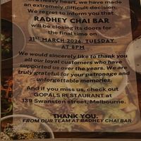 Shocked closing 31 March   at Radhey Chai Bar in Fitzroy