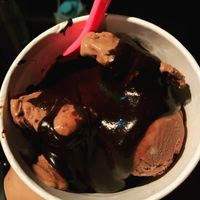 Hard serve vegan chocolate with vegan hot fudge at Ice Cream Cafe in Orleans