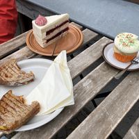 Grilled cheese sandwich, lemon raspberry tort, and miso hazelnut cupcake   at Café Schwestis in Sachsen