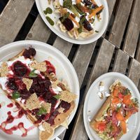 Waffles! Berrylicious (bottom left), peas (right), and antipasti  at Café Schwestis in Sachsen
