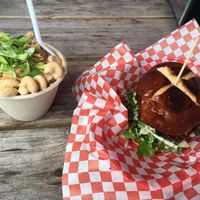 Kansas City Burnt Tips with Mac and Cheese at Atlas Meat-Free Delicatessen in Miami