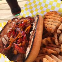 Italian sausage sandwich with onions and peppers at Atlas Meat-Free Delicatessen in Miami