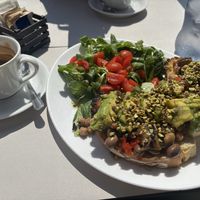 Vegan avocado toast, with salad and coffee.    at Bar Centro in Toscana