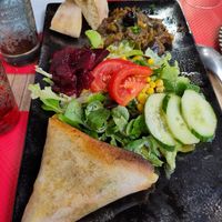 Eggplant salad with vegan Morrocan samoussa at Le Touareg in Colmar