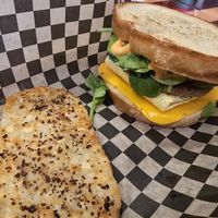 Breakfast sandwich with sourdough bread at The Dusted Cup in Portland