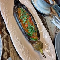 Baked aubergine stuffed with tomato, veg and herbs which was served with some bread at Lusik Aguletsi House-Museum and Art Cafe in Yerevan