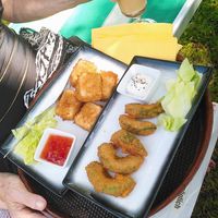golden tofu, avocado wedges and iced coffee at Loving Hut Pension in St Kanzian