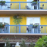 detail of the façade at Loving Hut Pension in St Kanzian