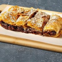 Bougatsa vegan with chocolate and orange (they also have with espresso, with tahini and more) at Open Lab Μπουγατσοποιείο in Thessaloniki