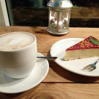 millet raspberry cake and cereal coffe with rice milk at Vege Miasto in Warsaw
