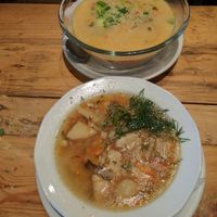 Cauliflower soup, spicy noodle soup at Vege Miasto in Warsaw