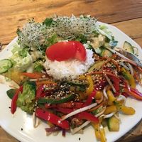 wok vegetables with rice and side salad at Vege Miasto in Warsaw