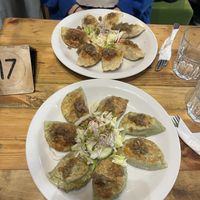 spinach and tofu pierogi (front) ; potato and tofu pierogi (back)  at Vege Miasto in Warsaw