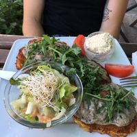 Platski with mushroom sauce and coleslaw.  at Vege Miasto in Warsaw