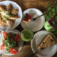 Dumplings, raw pasta, green smoothie, cheese cake and carrot cake  at Vege Miasto in Warsaw