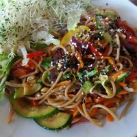 Wok vegetables with noodles at Vege Miasto in Warsaw