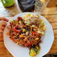 Vegetable wok with noodles at Vege Miasto in Warsaw