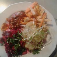 Lunch of the day. Vegan fish with carrot and zucchini fries, mashed potatoes and a salad at Vege Miasto in Warsaw