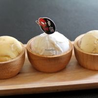 Vegan ice creams. Vanilla-almond, korean yoghurt and rum-raisin.  at Itim Roi Ros (100 Flavors of Ice Cream) - ไอติม100รส in Chiang Mai