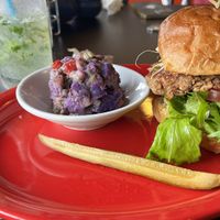 Conscious Culture burger with sweet potato salad side  at The Booch Bar in Hilo