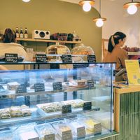 The counter, lots of clearly-labelled goodies at Roka in Leiden