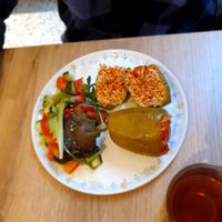 Dolma/Gemista Plate Green bell peppers filled with rice, served with  salad at Roka in Leiden