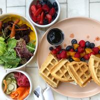 Waffles and breakfast bowl  at The Rose Establishment in Salt Lake City