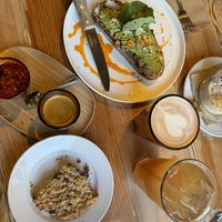 Mushroom toast, espresso with palate cleanser, oatmeal cookie, hot chocolate, black tea peach lemonade   at The Rose Establishment in Salt Lake City
