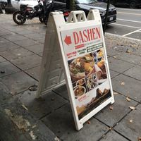 Sign outside - advertising vegan options  at Dashen Restaurant and Lounge in Washington