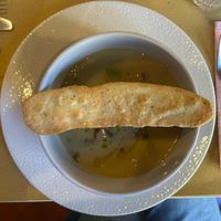 Chestnuts soup with black truffle and vegan bacon  at Lo Fai in Piacenza