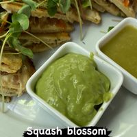 I thought the squash blossoms were bitter. My husband loved it. Served with creamy guac and salsa verde.  at Mesa Verde in Santa Barbara