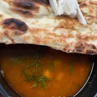 Cashew butter was served with the bread. The flatbread was bland. Could have used salt. A sourdough would have been perfect. The soup was really tasty, but $18? Whew!  at Mesa Verde in Santa Barbara