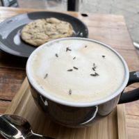 London fog latte with soy milk and choc chip cookie at Power Plant Cafe in Plymouth