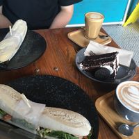 BBQ teriyaki tempeh sandwiches, a flat white, mocha and Oreo cake  at Power Plant Cafe in Plymouth