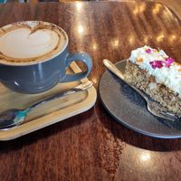 Oat mill cappuccino and hummingbird cake at Power Plant Cafe in Plymouth