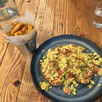 cajun spiced fries and scrambled tofu with bits of ‘bacon’  at Power Plant Cafe in Plymouth