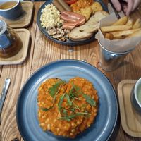 Bean on toast, chips & vegan all day breakfast at Power Plant Cafe in Plymouth