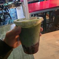 Strawberry matcha Boba tea with oat milk at Eli Tea Bar in Chicago