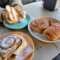 Vegan cinnamon bun (lower left), cinnamon swirl & dark chocolate pastry at Rinkoffs Bakery in East London