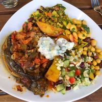 4 salads and filled aubergine. Good taste and nice portionsize. at Kiez Vegan - Kortestrasse in Berlin