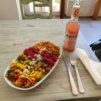 Big plate and rabarber lemonade at Kiez Vegan - Kortestrasse in Berlin